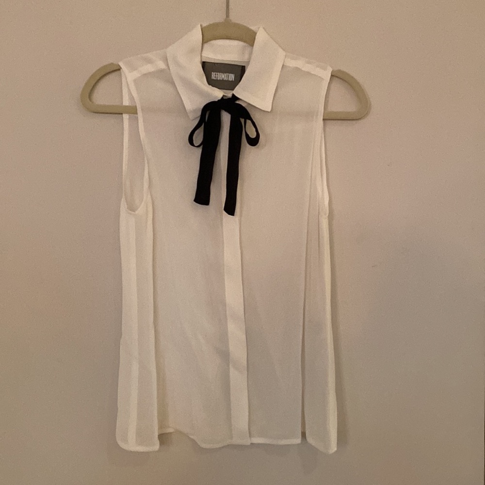 Reformation White Sheer Sleeveless Button-up Blouse with Black Sheer Bow